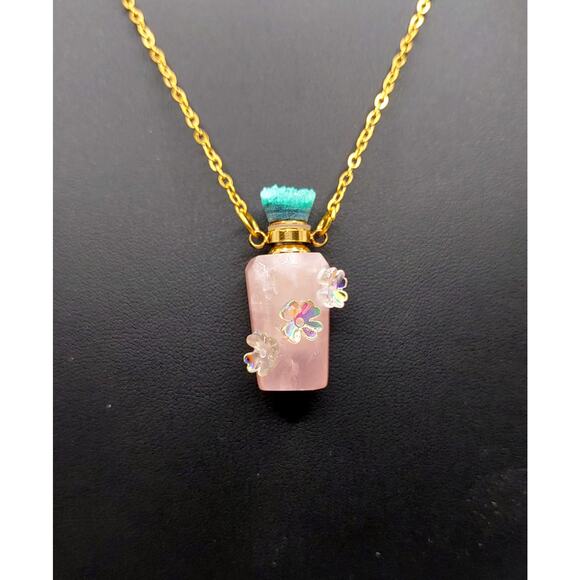 New Solid Rose Quartz Flowers Stone Bottle Necklace with Screw Off Lid - Picture 1 of 5